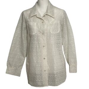 Vintage White Eyelet Lace Long Sleeve Button Down Top